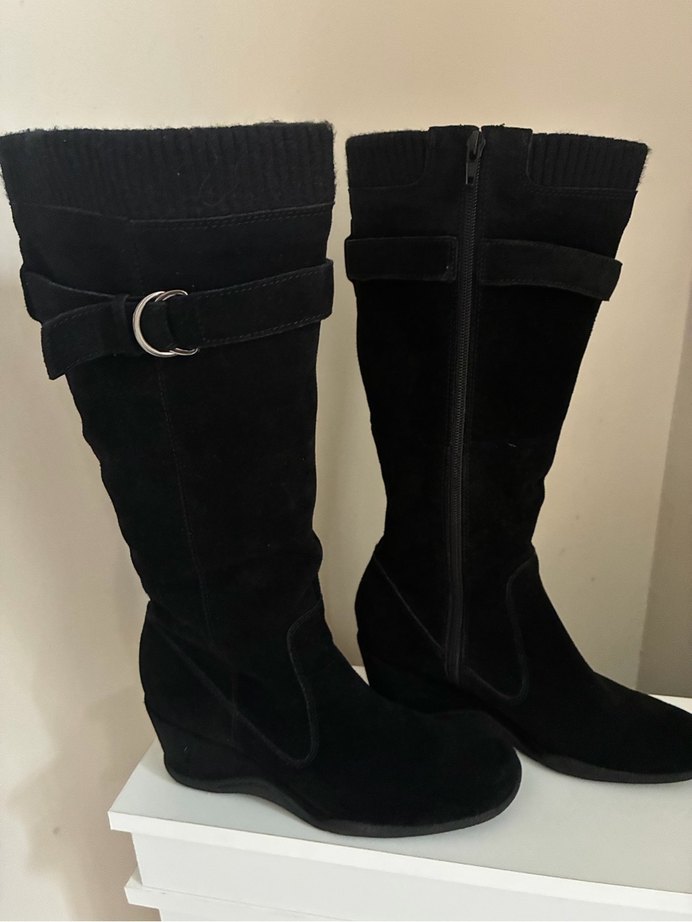 Ana Women's Black Suede Knee High Wedge Boots Size 8 Buckle